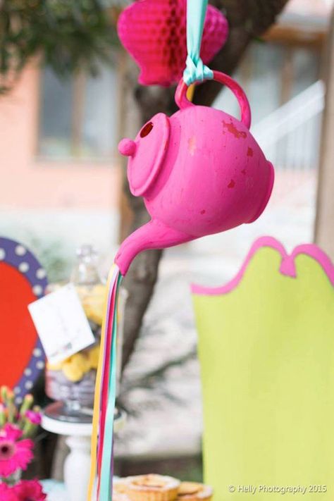 Hanging Teapots with "Ribbon Tea" from an Alice in Wonderland Birthday Party via Kara's Party Ideas KarasPartyIdeas.com (7) Party Decorations Diy, Alice In Wonderland Tea Party Birthday, Alice Tea Party, Mad Hatter Party, Birthday Party Decorations Diy, Alice In Wonderland Birthday, Deco Rose, Alice In Wonderland Theme, Alice In Wonderland Tea Party