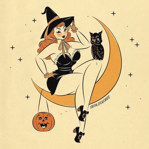 Vintage Halloween Pinup Art, Vintage Witch Illustration, Halloween Pinup Art, Spooky Pinup, Otherworldly Art, Vintage Masquerade, Halloween Pin Up, Autumn Celebration, Dark Tattoos