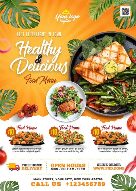 Restaurant Food Promotion Flyer PSD Template - PSD Zone Food Flyer Design Ideas, New Year Food, Restaurant Promotions, Promotion Flyer, Food Promotion, Restaurant Poster, Healthy Food Menu, Menu Flyer, Flyers Design