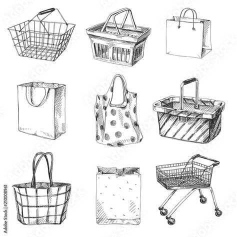 Shopping Basket Illustration, Shopping Cart Tattoo, Shopping Cart Drawing, Shopping Cart Illustration, White Cart, Basket Illustration, Beginner Drawing Lessons, Basket Drawing, Bag Illustration