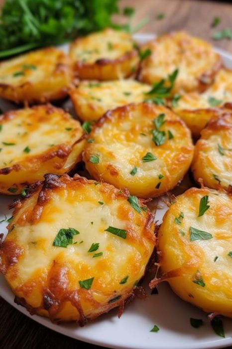 Baked Potato Rounds with Cheese - Delicious Dinner Cookie Sheet Potatoes, Potato Rounds Baked, Baking Potato Recipes, Baked Potatoes With Cheese, Baked Potato Rounds, Baked Potato Dinner, Cheese Potato Casserole, Baked Potato With Cheese, Potato Rounds