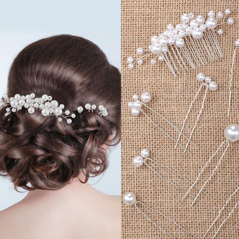 PRICES MAY VARY. Nice Combination Set: we will provide you with 1 piece pearl hair comb, 8 pieces pearl hair clips, 9 pieces are in total, various and elegant styles in combinations and matching, nice for wedding, brides, bridesmaids or for stage, make you more charming Faux Pearls Design: hair pins for wedding hairstyles are decorated with faux pearls, elegant design will make your hair shine under sunlight and spotlight, you can combine these styles together or use them separately, add charms Updos Hair, Bride Wedding Hair, Pearl Hair Comb Wedding, Bridal Hair Pins Pearl, Pearl Bride, Side Comb, Pearl Hair Combs, Bridal Hair Updo, Rhinestone Hair Pin