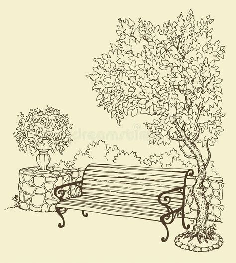 Bench Drawing, Pen Art Work, Landscape Design Drawings, Arte Grunge, Seni Dan Kraf, Garden Drawing, Landscape Sketch, Architecture Drawing Art, Nature Drawing