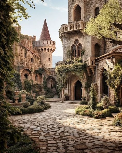 Fairytale Bakery Aesthetic, Medieval Castle Courtyard, Magical Castle Aesthetic, Magic Castle Aesthetic, Fantasy Castle Exterior, Fantasy Castle Garden, Medieval City Aesthetic, Medieval Fantasy City Art, Fairytale Castle Aesthetic