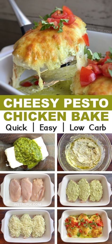 Cheesy Pesto Baked Chicken, Cheesy Pesto Chicken Bake, Chicken Pesto Bake, Cheesy Pesto Chicken, Pesto Chicken Bake, Chicken And Pesto, Baked Pesto Chicken, Chicken Pesto Recipes, Comidas Keto