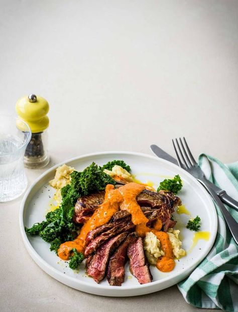 Steak with Romesco sauce and butterbean mash recipe | Sainsbury's Magazine Rump Steak, Pork Noodles, 30 Min Meals, Romesco Sauce, Mash Recipe, Slow Roast, Sauce For Chicken, Roasted Red Peppers, Marinated Chicken