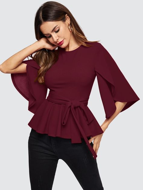 Peplum Top Outfits, Striped Tops Women, Peplum Tops, Split Sleeve, Pretty Blouses, Cute Blouses, Elegant Blouses, Women Blouses, Casual Tops For Women