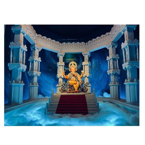 Temple Decoration For Ganpati, Ganesh Pandal Decoration, Ganpati 2023, Lion Emoji, Tv Lounge Design, Flower Decoration For Ganpati, Ganpati Picture, Ganesh Temple, Ganpati Decoration Theme