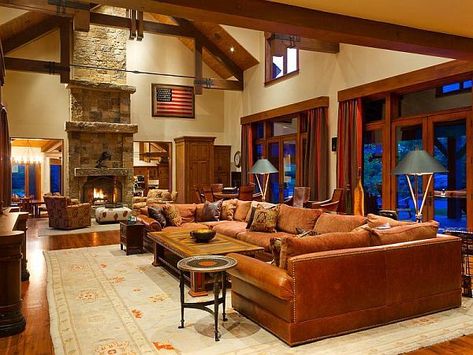 Weber-Canyon-Rd-moutain-property-sofa-fireplace Ranch Home Style, Ranch Style Interior, Mountain Contemporary Home, Colorado Ranch, Family Room Addition, Mansion Designs, Modern Rustic Homes, Ranch Style Home, Luxury Retreats