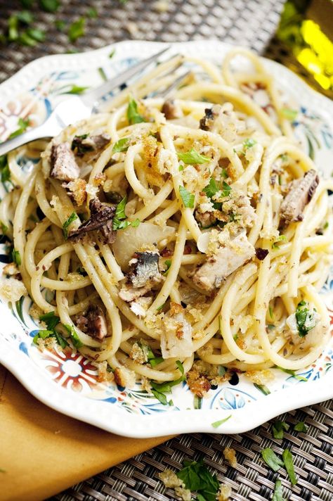 Pasta with Sardines, Bread Crumbs, & Capers Pasta With Sardines, Sardine Pasta, Capers Recipe, Sardine Recipes, Mark Bittman, Smoked Fish, Seafood Pasta, Drying Pasta, Bread Crumbs