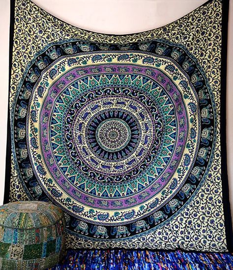 ELEPHANT MANDALA Fabric Cotton Wall Tapestry Boho Hippie Bedding Bedspread Throw Bohemian Mandala Wall Hanging Wall Decor - FabricSarmaya Hippie Bedding, Elephant Mandala, Bohemian Bedspread, Indian Tapestry, Mandala Wall Hanging, Hippie Tapestry, Mandalas Painting, Bohemian Tapestry, Mandalas Drawing