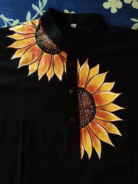 Painting On Black Shirt, Fabric Painting On Kurti Design, Fabric Painting Designs For Kurtis Neck, Fabric Paint On Blouse, Fabric Paint Shirt Ideas Design, Panjabi Handpaint Design, Kurti Painting Ideas, Hand Paint Panjabi For Men, Hand Painted Panjabi Design For Men