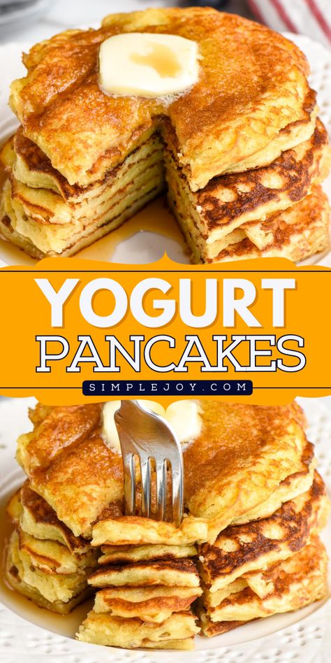 Whip up a Mother's Day brunch idea fit for a queen with this Yogurt Pancakes recipe! These fluffy delights are not only moist and easy to make but also infused with the goodness of Greek yogurt. A perfect homemade treat for Mother's Day that Mom will adore! Ww Greek Yogurt Pancakes, Yogurt Pancakes No Egg, Banana Greek Yogurt Pancakes, Yogurt Waffle Recipe, Yogurt Pancakes Healthy, Pancakes With Yogurt, Yoghurt Pancakes, Yummy Breakfast Recipes, Easy Homemade Pancakes