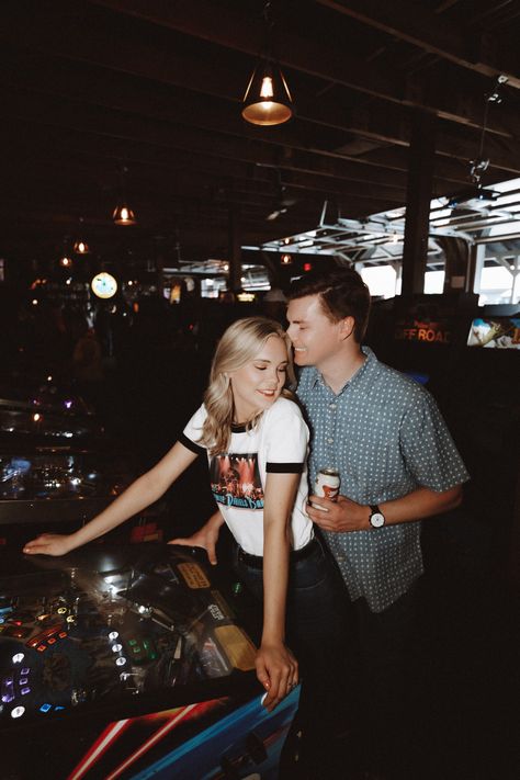 Bowling Photoshoot Couple, Couples Bowling Date, Engagement Photos Bowling Alley, Disco Couple Photoshoot, Arcade Photoshoot Engagement, Couple Theme Photoshoot, Storytelling Couple Photoshoot, Groovy Engagement Photos, Pinball Engagement Photos