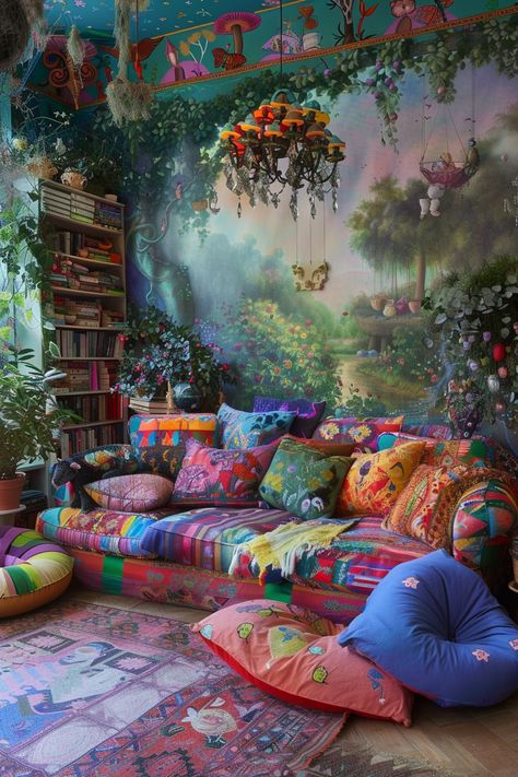 Explore Eclectic Boho Bliss: Whimsical Forest Mural & Vibrant Textiles Home Murals, Art Deco Color Palette, Jewel Tone Living Room, Art Deco Color, Magical Room, Autumn Interior, Forest Mural, Colorful Textiles, Fall Decor Inspiration