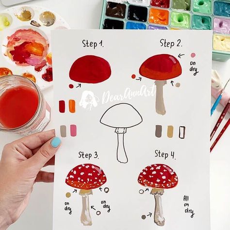 Mushroom Paint, Mushroom Drawing, Painting Ideas For Beginners, Canvas For Beginners, Gouache Art, Seni Cat Air, Watercolor Art Lessons, Lukisan Cat Air, Mushroom Art