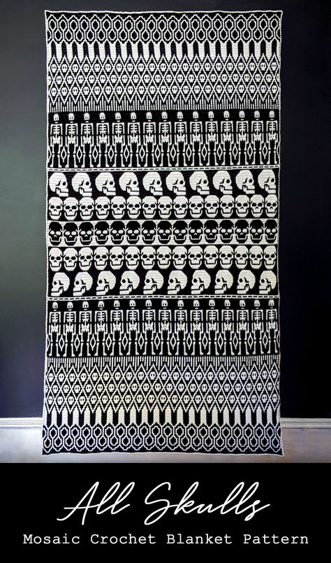 My very first mosaic crochet blanket pattern! Features skulls and skeletons with some geometric designs to tie them all together.   #mosaiccrochet #allskullsblanket #skullcrochet #skullblanket #gothcrochet #halloweencrochet #sixeldesign Mosaic Crochet Skull Pattern, Halloween Mosaic Crochet Patterns, Skeleton Crochet Pattern Free, Halloween Mosaic Crochet, Crochet Mosaic Pattern, Mosaic Crochet Blanket, Mosaic Crochet Chart, Mosaic Crochet Patterns Free Charts, Crochet Tarot