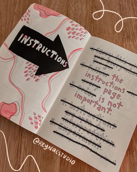 Wreck This Journal Instruction Page, Create This Book Ideas, Wreak This Journal Pages Inspiration, Wreck It Journal Ideas, Wreck This Journal Pages, Wreck This Journal Ideas Pages, Diary Ideas Writing, Wreck This Journal Ideas, Wreck It Journal