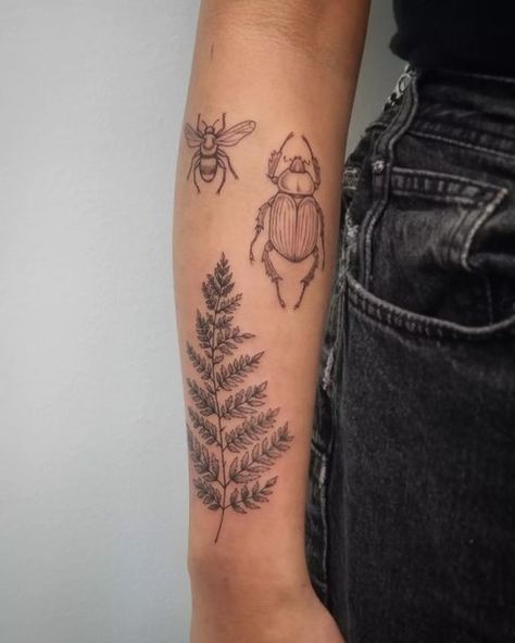 Botanical Sticker Sleeve Tattoo, Fern And Bee Tattoo, Unique Insect Tattoo, Fineline Fern Tattoo, Earthy Leg Tattoo, Boston Fern Tattoo, Delicate Fern Tattoo, Fineline Nature Tattoo, Burnt Match Tattoo