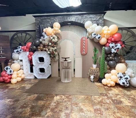 Nicole Creations Houston on Instagram: "Happy 18th birthday Hannah 🌵🏜️ #eventplanner #houstonpartyplanner #eventdecor #cactustheme #westernwear #balloongarland #balloonstylist #18 #cowprint #houstonbackdrops" Cowprint Birthday Decor, Country Party Decorations, Cow Print Birthday, Country Birthday Party, Rodeo Birthday Parties, Cowboy Decor, Sweet Sixteen Birthday Party Ideas, Happy 18th Birthday, Boho Birthday Party