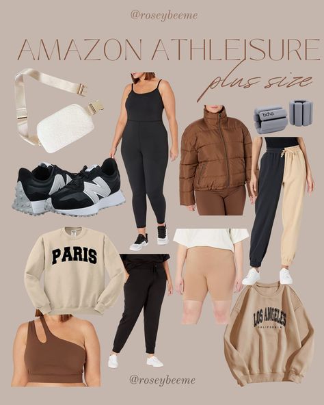 Plus size athleisure style ideas in neutral colors. Plus Size Outfits Athleisure, Neutral Color Outfits Women Plus Size, Plus Size Athletic Wear Outfits, Athleisure Outfits Fall Midsize, Athleisure Outfits Pear Shape, Altheisure Style Plus Size, Amazon Outfits Plus Size, Plus Size Gym Outfits Active Wear, Plus Size Neutral Fashion