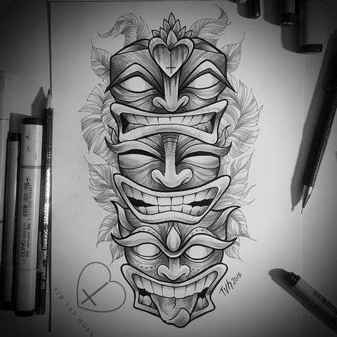 Tiki totem illustration for tattoo Tim van horn Hawaiian Sleeve Tattoo, Deer Head Tattoo, Tato Maori, Tato Ikan Koi, Tiki Tattoo, Totem Tattoo, Tiki Head, Flame Tattoos, Tiki Totem