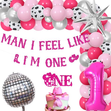 PRICES MAY VARY. You will receive: 50pcs latex balloons 12inches(18 hot pink 18 light pink, 7 silver, 7 cow spotted), 15pcs latex balloons 5inches(5 hot pink, 5 light pink, 5 silver), 1pc disco ball foil balloon 22inches, 1pc silver cone foil balloon 22inches, 1pc MAN I FEEL LIKE I'M ONE banner, 1pc disco cowgirl cake topper, 1pc number 1 foil balloon 32inches, 1 roll of adhesive dots and 1pc 5M balloon chain. Glitter disco 1st birthday cake topper and banner: Our MAN I FEEL LIKE I'M ONE banner Man I Feel Like I’m One Birthday Girl, Disco Cowgirl 1st Birthday, 1st Rodeo Birthday Party Girl, Cowgirl First Birthday Party, First Rodeo Birthday Party Girl, Cowgirl First Birthday, Cowgirl 1st Birthday, Cowgirl Cake, Cowgirl Cakes