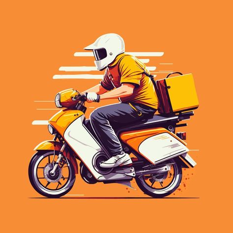 food Delivery man riding scooter motorcycle illustration flat style vector Food Delivery Illustration, Free Delivery Poster, Delivery Man Illustration, Man Riding Motorcycle, Scooter Illustration, Delivery Motorcycle, Delivery Illustration, Motorcycle Vector, Logo Moto