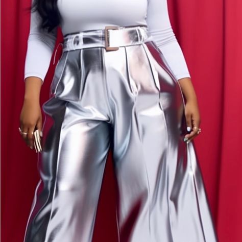 Xpluswear Design Plus Size Daily Pants Casual Silver Wide Leg Metallic Glitter Fabric Pants Silver Wide Leg Pants Outfit, Sequin Pants Outfit Plus Size, Sequins Pants Outfit, Metallic Jumpsuit, Metallic Fashion, Matching Pants Set, Metallic Jumpsuits, Wide Leg Pants Outfit, Fabric Pants