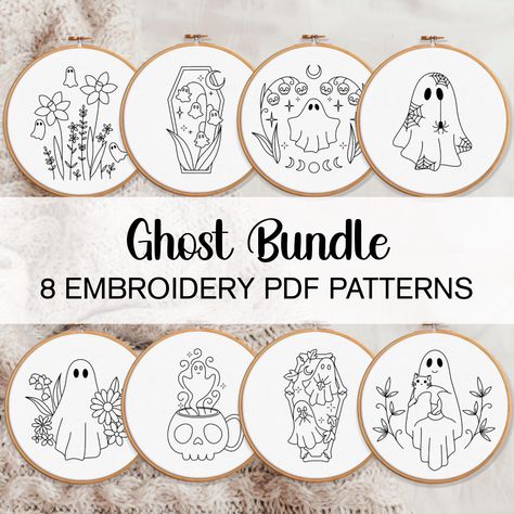 This listing is for 8 embroidery pattern templates. It is for hand embroidery, and is NOT suitable for machine embroidery. You will not receive any physical products as this is a DIGITAL DOWNLOAD ONLY. After purchasing you will receive a PDF file. Open the file and click on the link. This will take you to the Google Drive where you will be able to download an A4 sized PDF pattern template for each of the designs. It comes with patterns scaled to fit 3", 4", 5", 6", 7" and 8" hoops. It is up to y Ghost Of The Valley, Vintage Halloween Embroidery Patterns, Disney Embroidery Patterns Free, Simple Halloween Embroidery Designs, Free Pdf Embroidery Pattern, Cute Ghost Embroidery, Ghost Embroidery Pattern, Halloween Embroidery Patterns Free, Embroidery Pattern Templates