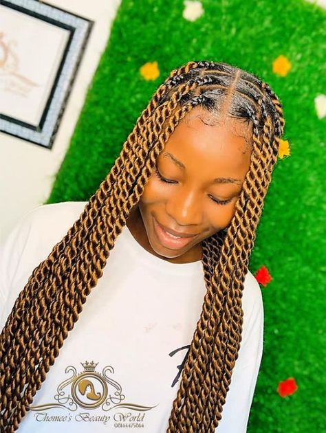 Boxed Twist Braids, Fishtail Rasta Hairstyles With Braids, Latest Twist Braids Hairstyles, Braided Hairstyles For Preteens, Twisting Braids Hairstyles, Gold Braids For Black Women, Latest Hair Braids Styles 2023 Twist, Brown Rope Twist, Medium Rope Twist Braids