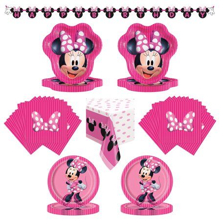 Make your party look cute as can be with our Minnie Mouse Birthday Party Tableware and Decoration Kit! Featuring pink, polka-dotted designs of Minnie Mouse, this collection will excite the guest-of-honor at your Minnie Mouse themed birthday party. This kit includes enough party supplies to celebrate with up to 16 guests! Inside, youll find 16 dinner plates, 16 cake plates, 32 lunch napkins, 1 plastic tablecloth, and a 7.5-foot party banner. Once your party comes to an end, you can simply throw a Minnie Mouse Birthday Party Ideas 1st, Minnie Mouse Party Supplies, Minnie Mouse Birthday Theme, Minnie Mouse Birthday Party Ideas, Minnie Mouse Party Decorations, Minnie Mouse Birthday Party Decorations, Birthday Theme Decoration, Birthday Party Plates, Minnie Mouse Birthday Decorations