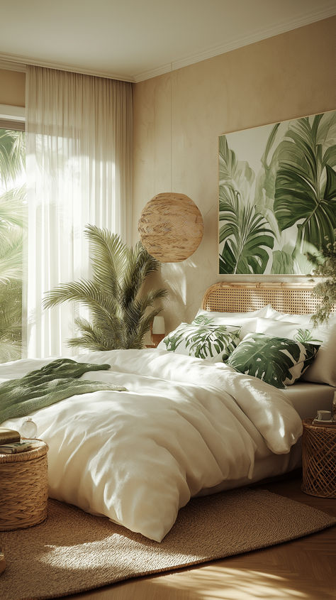 Immerse yourself in this tropical chic bedroom featuring soothing pastel tones, natural textures, and soft natural light. The balanced layout includes a crisp white bed with muted green and earthy-tone pillows, a textured feature wall adorned with tropical-inspired art, and warm wooden accents. Lush potted palms enhance the tropical atmosphere, while the woven rug and rattan elements add warmth and comfort. #TropicalChic #BedroomDecor #NaturalTextures #HomeInspo #TropicalVibes Tropical Boho Home Decor, Tropical Master Bedrooms Decor, White Earthy Bedroom, Planty Bedrooms Aesthetic, Retro Tropical Aesthetic, Tropical Bedroom Ideas Caribbean, Tropical Guest Bedroom, Tropical Hotel Room, Bali Bedroom Inspiration