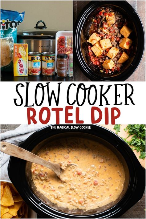 Make the famous Rotel Dip in the slow cooker with only a few ingredients. Rotel Dip Crockpot Cream Cheese, Rotel Dip With Ground Beef Instant Pot, Rotel And Sausage Dip, Gameday Dips Crockpot, Rotel Dip Instant Pot, Velveeta Cheese Dip Rotel, Rotel Dip Oven, Velvets Rotel Cheese Dip, Velveeta Cream Cheese Rotel Dip