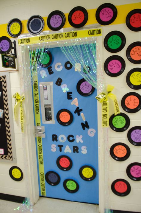 Door Decorations 80s Themed Classroom Door, Rock And Roll Door Theme, Music Hallway Decorations, Music Themed Classroom Decorations, Rock Star Bulletin Board Ideas, Rock And Roll Room Transformation, Rock N Roll Classroom Door, Music Themed Classroom Door, Rock Theme Classroom