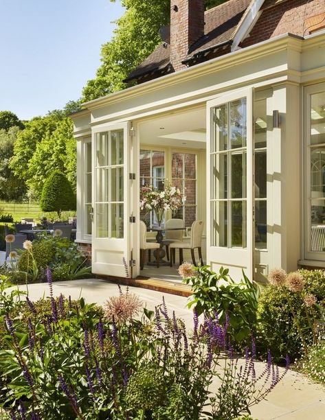 Just like any other building or structure, orangeries and garden rooms need foundations to keep them supported and distribute their weight evenly. There are a few types of foundations that can be considered, but it’s not easy to specify the most appropriate approach until the topsoil has been removed and the soil conditions can be assessed… Garden Home Exterior, English Sunroom Interior, English Country Home Aesthetic, English Cottage Conservatory, Country Home Architecture, English Countryside House Exterior, English Country Sunroom, English Inspired Home, English Country House Kitchen