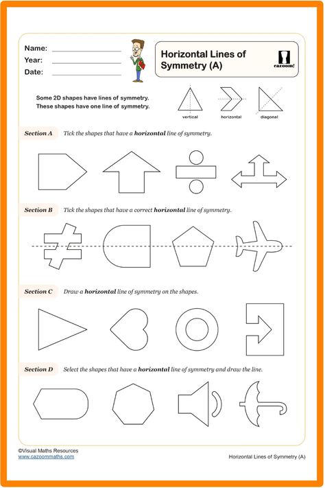 Engage your students with our educational Horizontal Lines of Symmetry worksheet. This activity prompts students to recognize 2D shapes featuring horizontal lines of symmetry and refine their skills by drawing these lines on relevant shapes. Foster a deeper understanding of symmetry in a fun and interactive way with this valuable resource! Year 2 Worksheets, Year 2 Maths Worksheets, Lines Of Symmetry, Year 2 Maths, Symmetry Worksheets, Ks2 Maths, Maths Worksheets, Practice Drawing, 2d Shapes