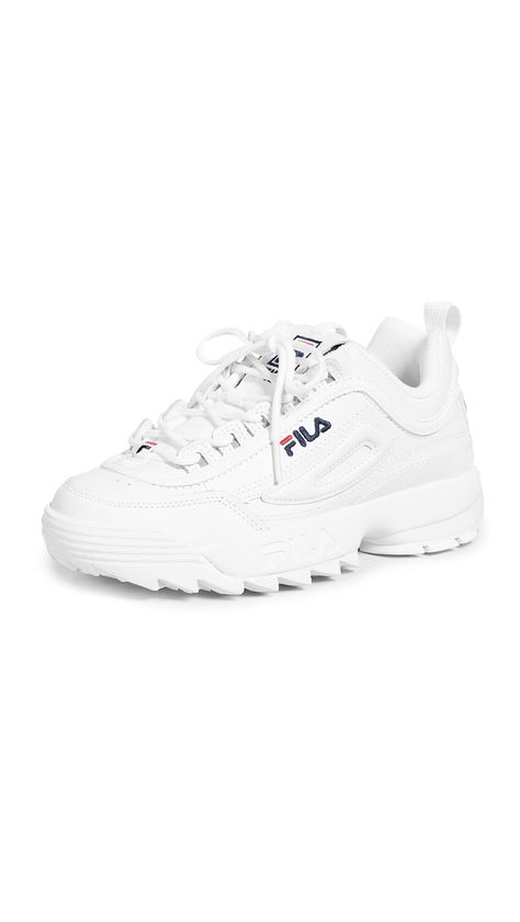 PRICES MAY VARY. Leather: Cowhide Rubber sole Lightweight EVA, Embossed and embroidered logos Platform: 1.75in / 45mm Lace-up at top All White Shoes Nike, Chunky Fila Sneakers, Nice Shoes Women Sneakers, Asian Glasses, Fila Disruptor 2, All White Shoes, Sneakers Design, Bday Wishlist, Fila Disruptor