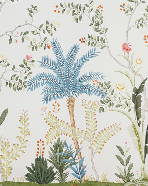 de Gournay | ’Sans Soucis’ lines the walls of this summery powder room designed by Collins Interiors. A French phrase that means without worry, ‘Sans… | Instagram Collins Interiors, De Gournay Wallpaper, Luxurious Garden, Hand Painted Wallpaper, Powder Room Design, French Phrases, Summer Escape, Digital Borders Design, Flowering Trees