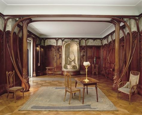 Alexandre Charpentier (1856-1909) - Dining Room Set. Mahogany, Oak and Poplar; Metalwork of Gilt Bronze; Flower Stand of Enamelled Stoneware. Circa 1901. Designed for the Banker, Adrien Bénard in Champrosay. Musée d’Orsay Art Nouveau Arquitectura, Architecture Art Nouveau, Art Nouveau Interior, Design Art Nouveau, Art Nouveau Furniture, Art Nouveau Decor, Motif Art Deco, Art Nouveau Architecture, Sopot