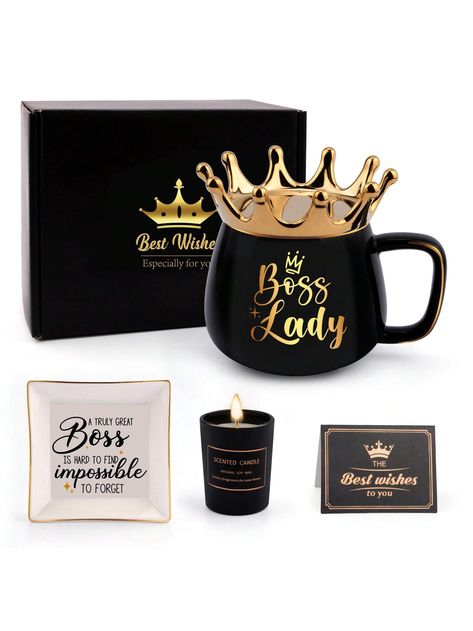 【LOVELY GIFT FOR BOSS WOMEN】If you are looking for cute and inspiring gift for women,here it is! This elegant coffee cup with candle and dish gift set is an ideal gift for boss women, manager, wife, girlfriend, mother,best friend or sister. 【GIFT-READY PACKAGING】No need to re-package. The beautiful black and gold box is ready for wrapping and giving! Comes with 1* gift box, 1* boss lady coffee mug with gold lid, 1*candle (Sage Sea Salt) ,1* white jewelry dish, 1* golden spoon and 1*greeting Card.Boss Lady Gifts for Women, Christmas Gifts for Women with Candle and Dish, Boss Appreciation Gifts for Women Crown Coffee Cup, Birthday Gifts Best Boss Gifts for Women Boss Mug With Spoon Black     Plain    Kitchen & Dining, size features are:Bust: ,Length: ,Sleeve Length: Boss Gifts Ideas Female, Boss Day Gift Ideas For Women, Gifts For Boss Woman, Boss Appreciation Gifts, Cubicle Ideas, Best Boss Gifts, Boss Lady Mug, Boss Lady Gifts, Boss Gifts