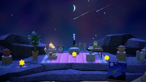 Star Gazing Area Acnh, Star Gazing Animal Crossing, Star Gazing Area Animal Crossing, Stargazing Area Animal Crossing, Acnh Telescope Area, Animal Crossing Rock Area, Animal Crossing Telescope Area, Acnh Astronomy Area, Acnh Star Gazing Area Ideas