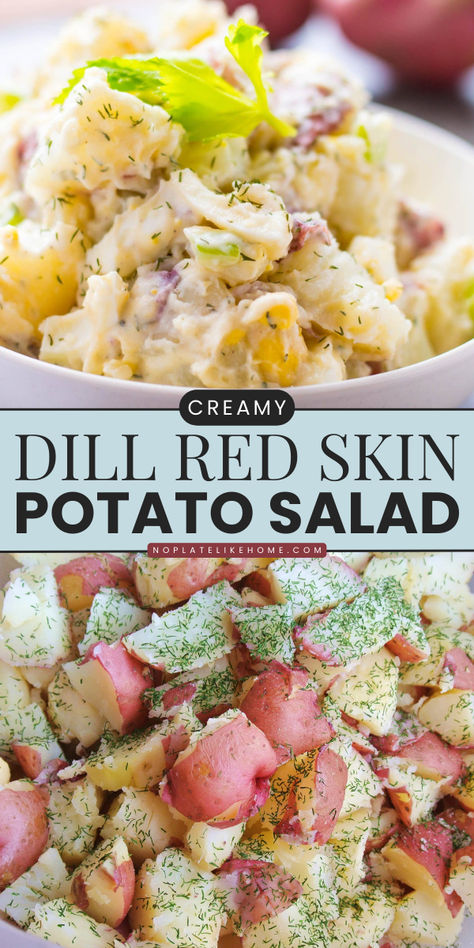 Out of summer salad ideas? This Creamy Red Skin Dill Potato Salad is made of steamed potatoes seasoned with dill, boiled eggs, and mayonnaise. This vegetarian salad also makes a great picnic idea or an easy 4th of July recipe! Potato Salad For Bbq, Classic Dinners, Potato Salad With Dill, Red Skin Potato Salad, American Potato Salad, Salad With Dill, Potato Salad Mustard, Potato Salad Dill, Potatoe Salad