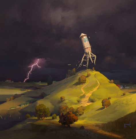 ArtStation - Thunderstorm., Nikolai Litvinenko Thunderstorm Illustration, Thunderstorm Painting, Nature Photography Tips, Mountain Illustration, Forest Photography, Horror Comics, Environmental Design, Random Pictures, 2d Art