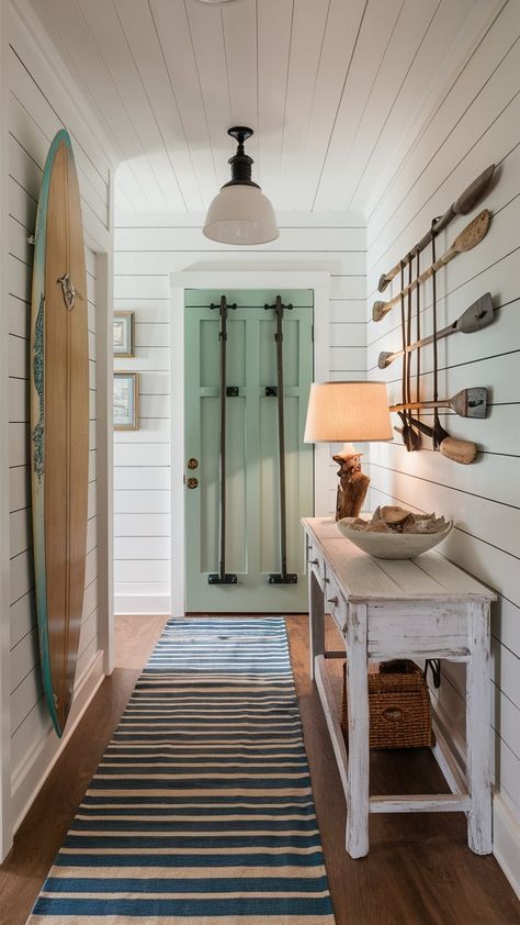 22 Coastal Home Decor Entry Ideas — Coastal Cottage by Celeste Beach Rustic House, Coastal Cottage Design Ideas, Lake House Entryway Ideas, Coastal Foyer Entryway, Sunroom Entrance, Beach House Entrance, Lake Cottage Interiors, Coastal House Interior, Fun Beach House