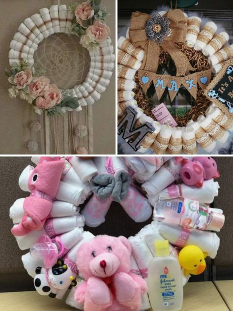 How to Make Diaper Wreaths: Simple DIY - PinkPopDesign Baby Shower Wreath Girl, Diaper Ideas For Baby Shower Diy, Diaper Decorating Ideas, How To Make A Diaper Cake, Diaper Wreath Diy, Diaper Bouquet Diy, Diaper Bouquet Tutorial, Diy Diaper Cake Tutorial, Diaper Wreath Tutorial