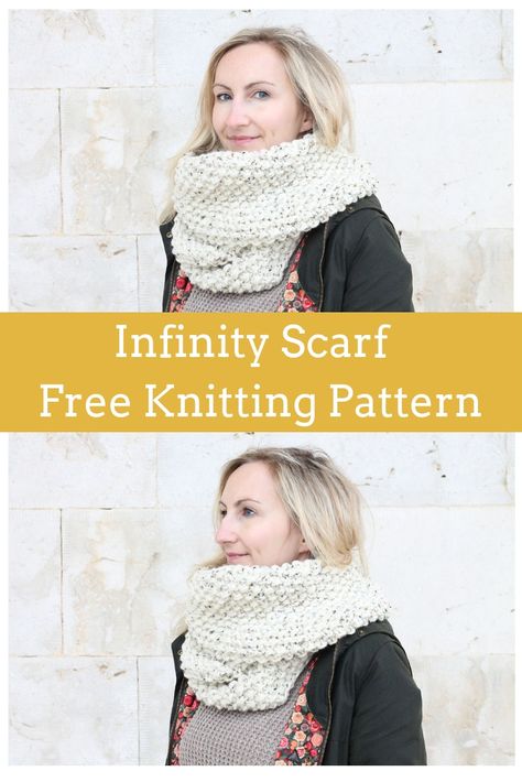 Infinity Scarf Knitting Pattern Free - make this moss stitch infinity scarf with an easy to print out pattern. The scarf is made using bulky yarn and knit up fast on circular needles. Great for beginners, this pattern is easy and will keep you super cozy! #knit #infinityscarf #knitting #freepattern Infinity Scarf Knitting Pattern, Infinity Scarfs, Scarf Knitting Pattern, Infinity Scarf Pattern, Knitting Patterns Free Scarf, Chunky Knit Scarves, Beginner Knitting Patterns, Cowl Knitting Pattern, Scarf Yarn