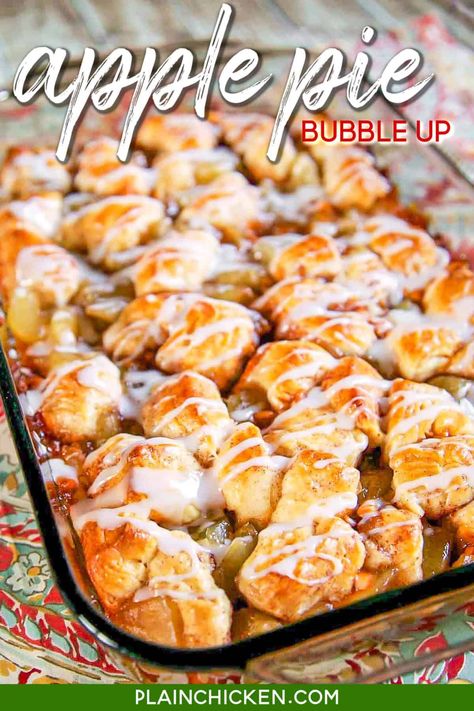 Apple Pie Bubble Up- a sweet version of our favorite bubble up recipes! Made with apple pie filling, Pillsbury biscuits and butterscotch chips. Great holiday dessert! #biscuits #apple #applepie #dessert Apple Pie Bubble Up Bake, Desserts With Pillsbury Biscuits, Apple Pie Bubble Up, Canned Apple Recipes Desserts, Pillsbury Pie Dough Recipes, Apple Pie With Biscuits, Canned Biscuits And Apple Pie Filling, Dessert Made With Biscuits, Recipes With Grands Biscuits