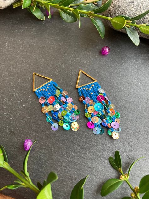 Festival Sequin Earrings, Beaded Dangly Earrings, Waterfall Fringe Earrings, Blue Earrings, Handmade in the UK, Valentine Gift for Her - Etsy Sequin Earrings, Disco Queen, Japanese Beads, Toho Beads, Bead Embroidery Jewelry, Sparkly Earrings, Earrings Beaded, Embroidery Jewelry, Valentines Gifts For Her