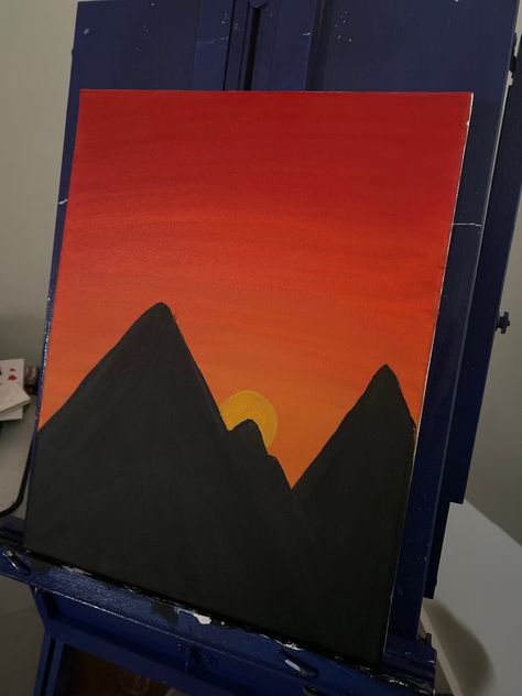 Hand-painted landscape of mountains with a sunset back drop Sunset Mountain Painting Acrylic Easy, Paintings Scenery Easy, Easy Painting On Pumpkins, Sky Painting Sunset, Sunset Simple Painting, Paint Ideas Sunset, Easy Art Inspiration Painting, Country Painting Ideas Easy, Painting Ideas Sunset Easy